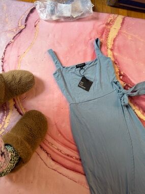 See You Monday Dusty Blue Tie-Waist Midi Dress